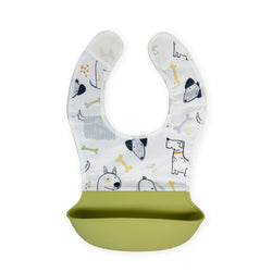 Kushies Waterproof Bib with Soft Silicone catch all pocket, Green Dogs