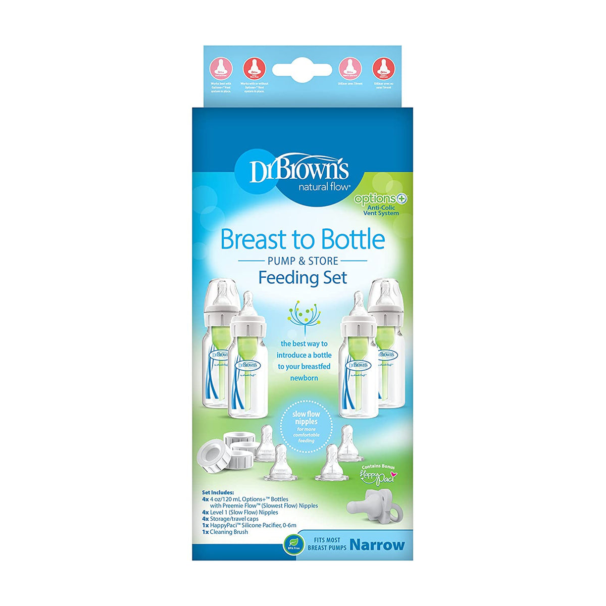 Dr. Brown's 14 Piece Options+ Slow Flow Preemie and Newborn Anti-Colic Bottle Set with 4oz Bottles and HappyPaci - Green