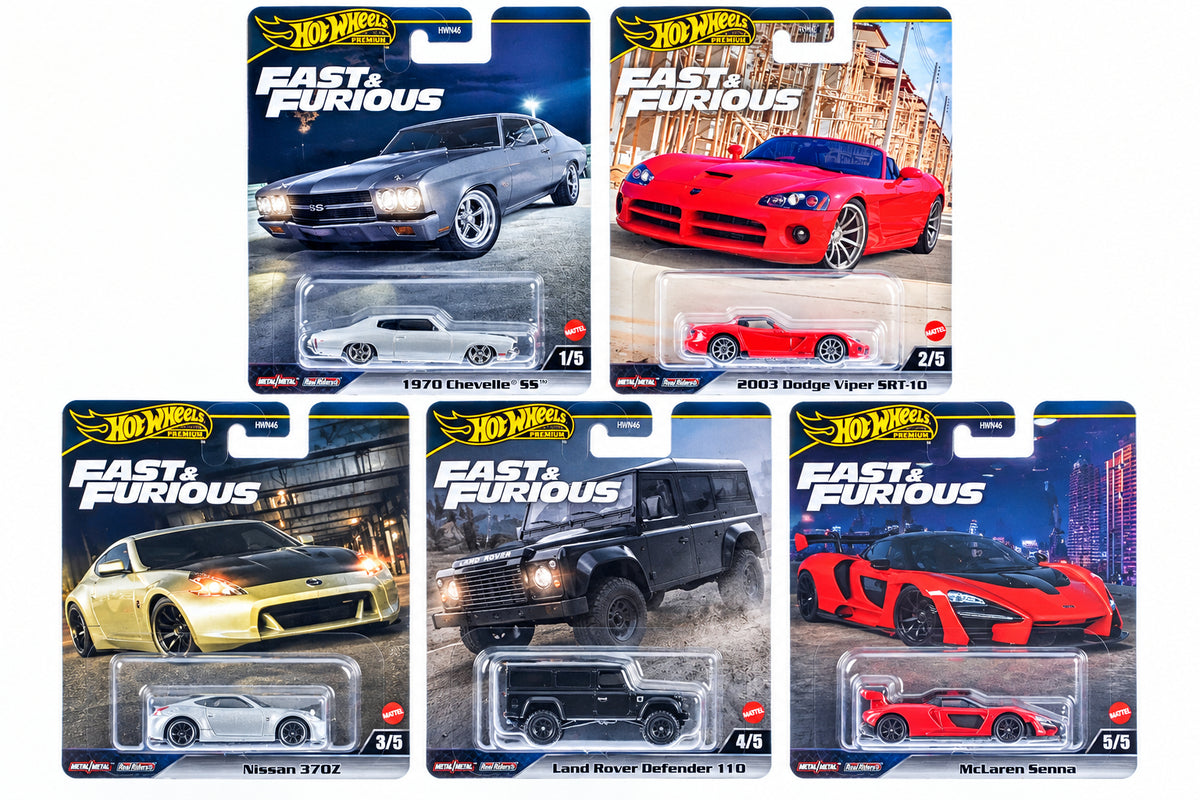 Hot Wheels Fast & Furious Diecast Model Cars Collector Set J Case, 5 Pack, McLaren Senna Red, Nissan 370Z, Chevrolet