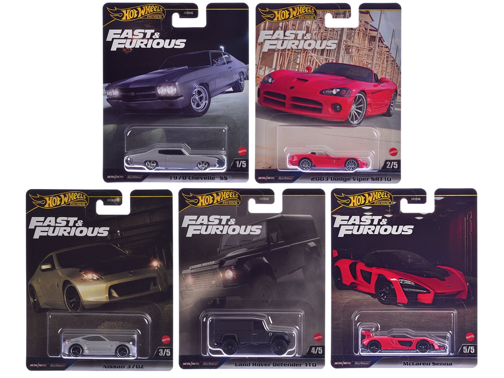 Hot Wheels Fast & Furious Diecast Model Cars Collector Set J Case, 5 Pack, McLaren Senna Red, Nissan 370Z, Chevrolet Chevelle SS, Land Rover Defender 110, Dodge Viper SRT10