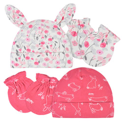 Gerber 4 Piece Baby Girls Cap and Mitten Set, Pink Bunnies, 0 to 6 months