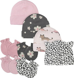 Gerber 8 Piece Baby Girls Cap and Mitten Set, Pink Leopard, 0-3 months