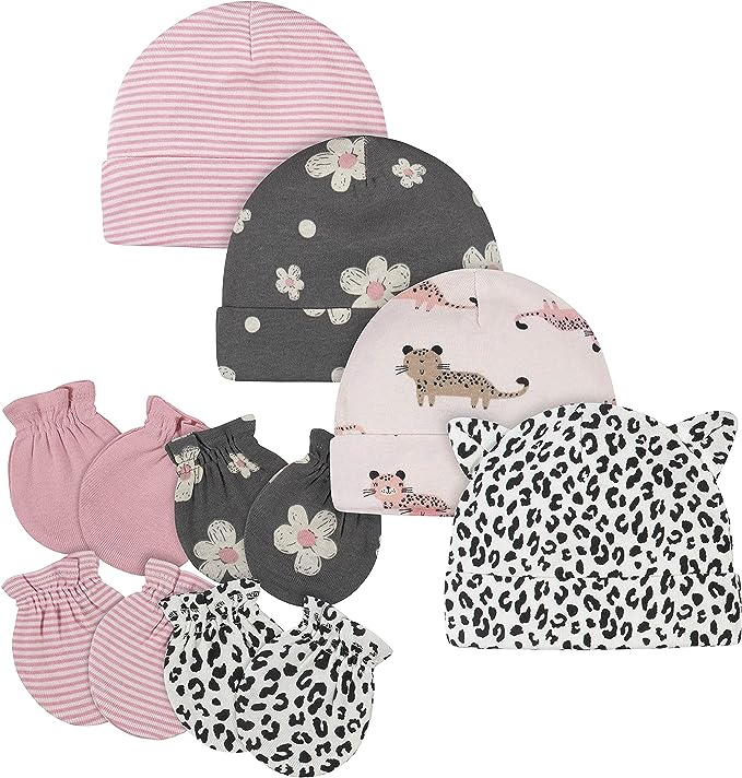 Gerber 8 Piece Baby Girls Cap and Mitten Set, Pink Leopard, Newborn