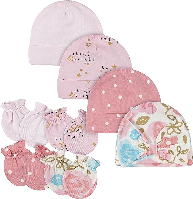 Gerber 8 Piece Baby Girls Cap and Mitten Set, Pink Floral, Newborn