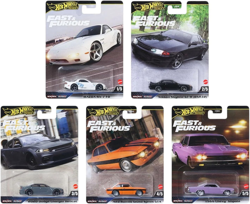Hot Wheels Fast & Furious Die-Cast Cars Collection, 5 Pack Set, Mazda RX-7, Nissan Skyline GT-R, Dodge Charger, Alfa Romeo Giulia Sprint GTA, Chevy Impala