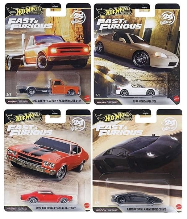 Hot Wheels Premium Fast & Furious 25th Anniversary Die-Cast Cars, Set of 4, Custom Chevy, Chevelle, Honda Del Sol, Lamborgini Aventador,1:64 Scale HNW46-956P