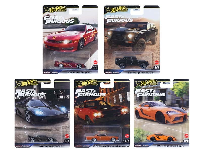 Hot Wheels Premium Fast & Furious Die-Cast Car Collection L Case, 5-Pack Set, Nissan 240SX, Lamborghini LM002, Koenigsegg CCXR, Custom Plymouth Roadrunner, Toyota Supra