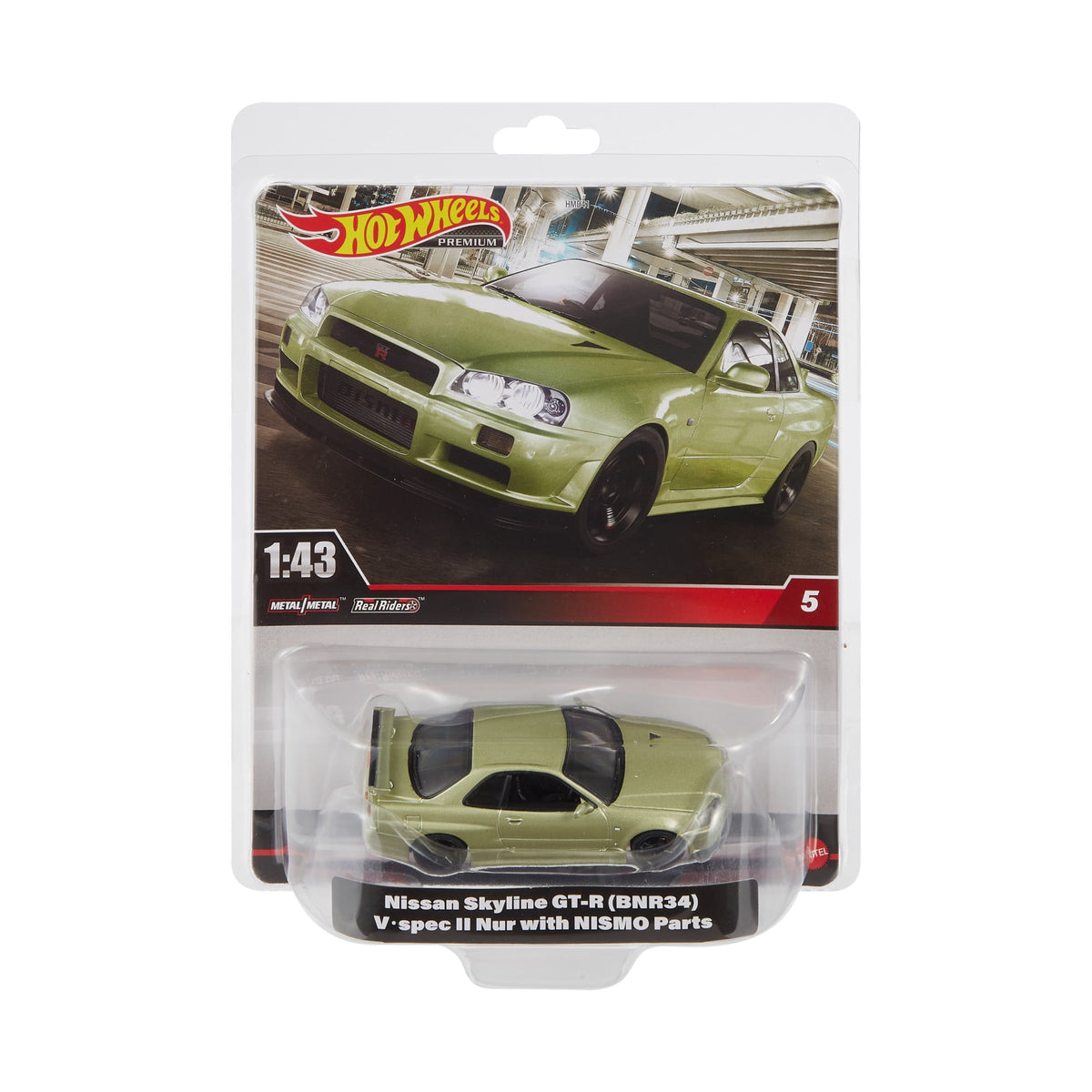 Hot Wheels Premium 1:43 Scale Real Riders Nissan Skyline GT-R BNR34 V-Spec II Nür with NISMO Parts Die-Cast Car