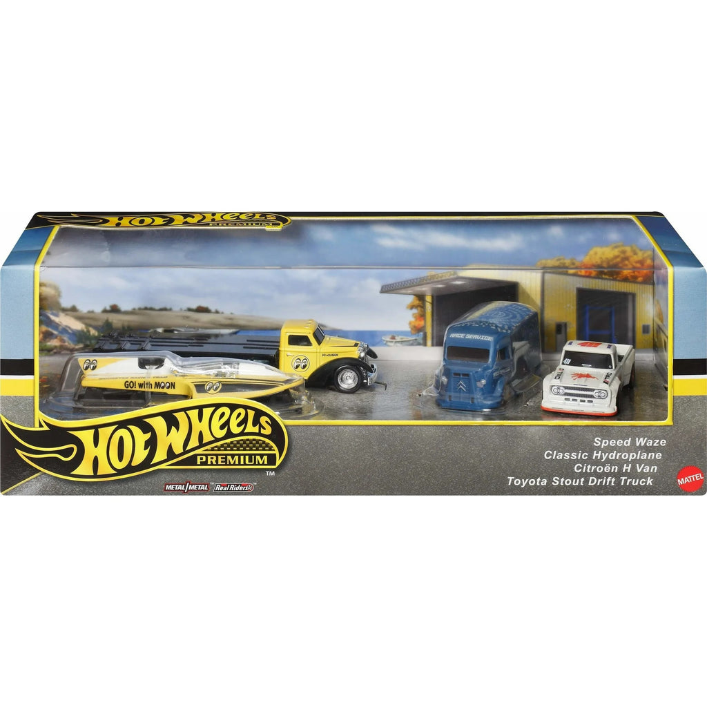 Hot Wheels Premium Collector Display Sets, 3 Cars & 1 Transporter, Speed Wave