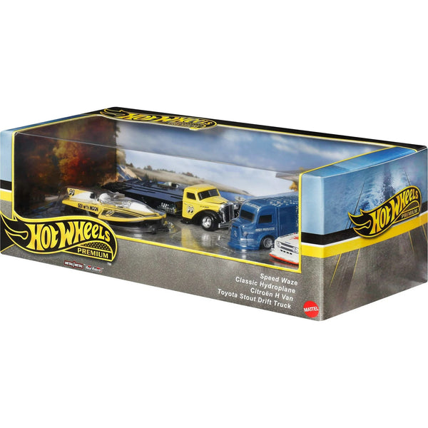 Hot Wheels Premium Collector Display Sets, 3 Cars & 1 Transporter, Speed Wave