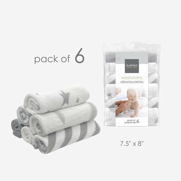 Kushies Ultra Soft Baby Washcloths/Towels, 6 Pack, Grey