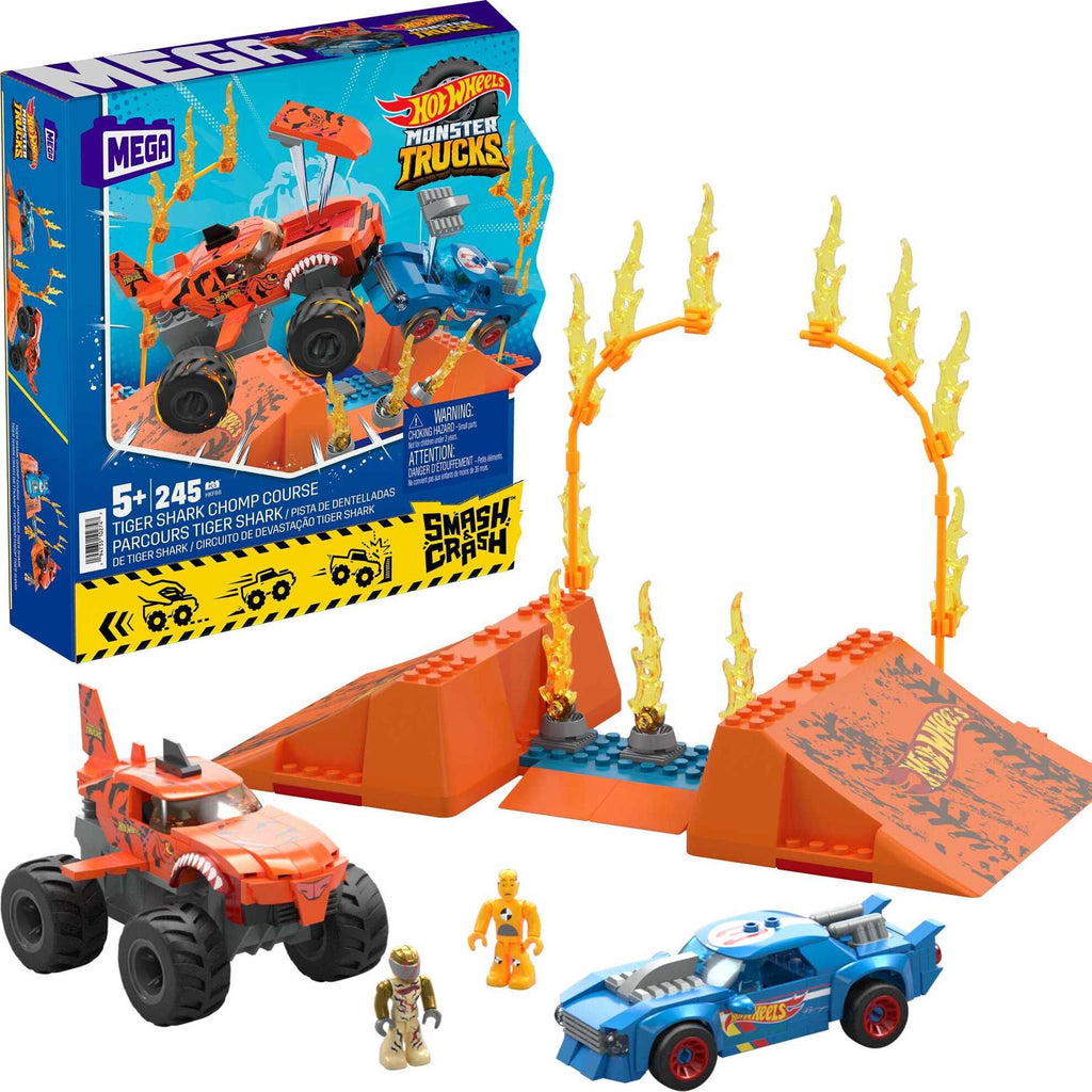 MEGA Hot Wheels Tiger Shark Chomp Course monster truck building set with 2 figures