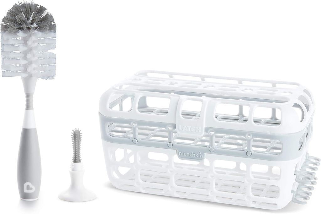 Munchkin High Capacity Dishwasher Basket with Bristle Bottle Brush, Grey