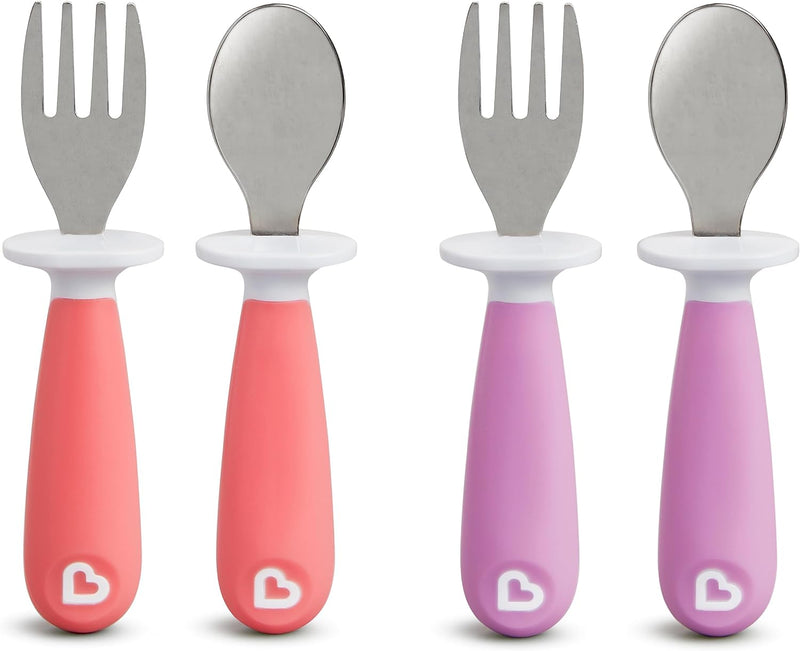 Munchkin Raise Toddler Fork and Spoon, 4 pack, Pink/Purple