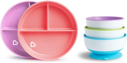 Munchkin Stay Put Bowls and Divided Plates, 5 Pack, Pink/Purple