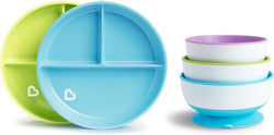 Munchkin Stay Put Bowls and Divided Plates, 5 Pack, Blue/Green