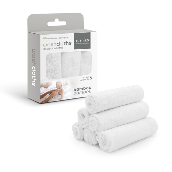 Kushies Bamboo Cotton Wash Cloths/Towels for sensitive skin, 6 Pack, White