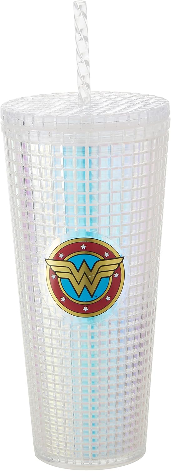 Wonder Woman Diamond Studded Tumbler with Straw, Double Wall Insulated, 20oz