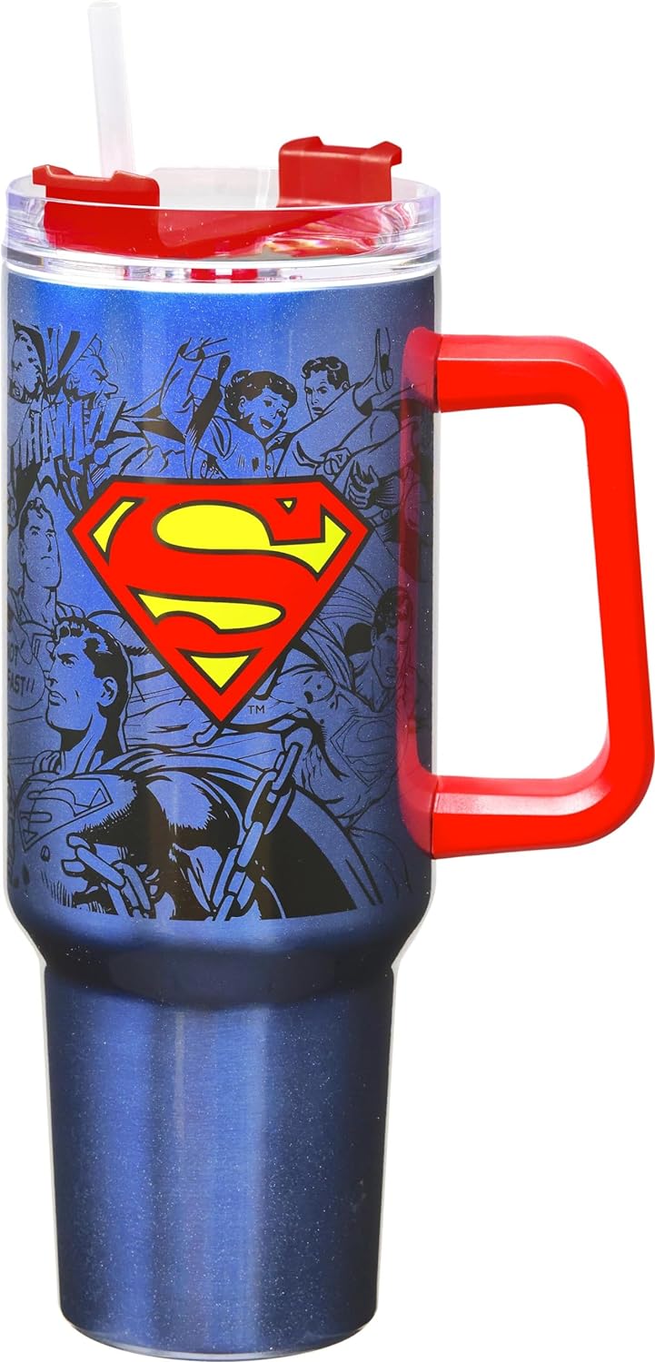Superman Stainless Steel Double Wall Travel Mug with Straw and Handle, 40oz, 12.5" Tall