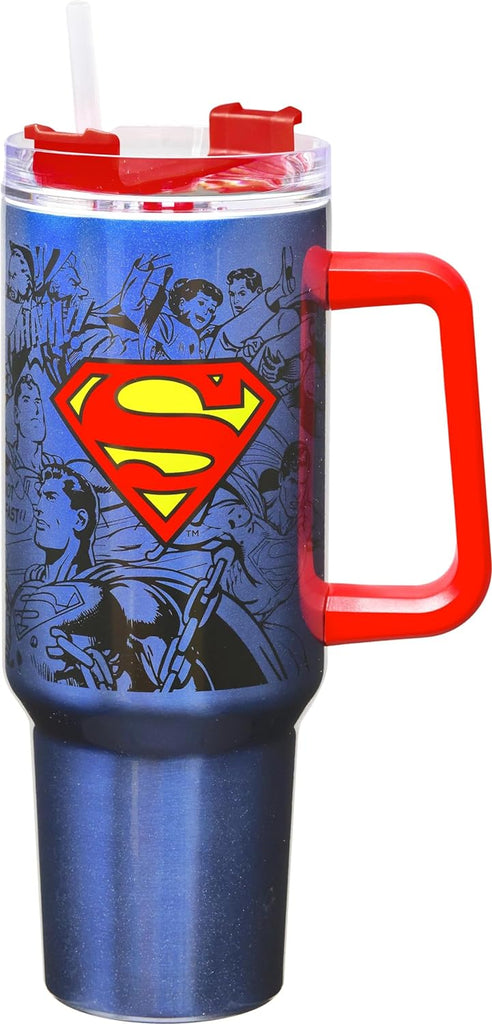 Superman Stainless Steel Double Wall Travel Mug with Straw and Handle, 40 oz, 12.5" Tall