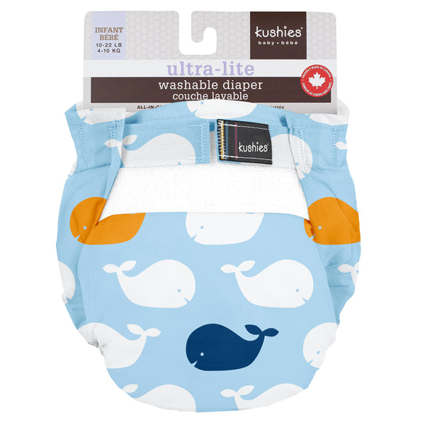 Kushies Ultra Lite Reusable Diaper, 1 Pack, Blue Whales