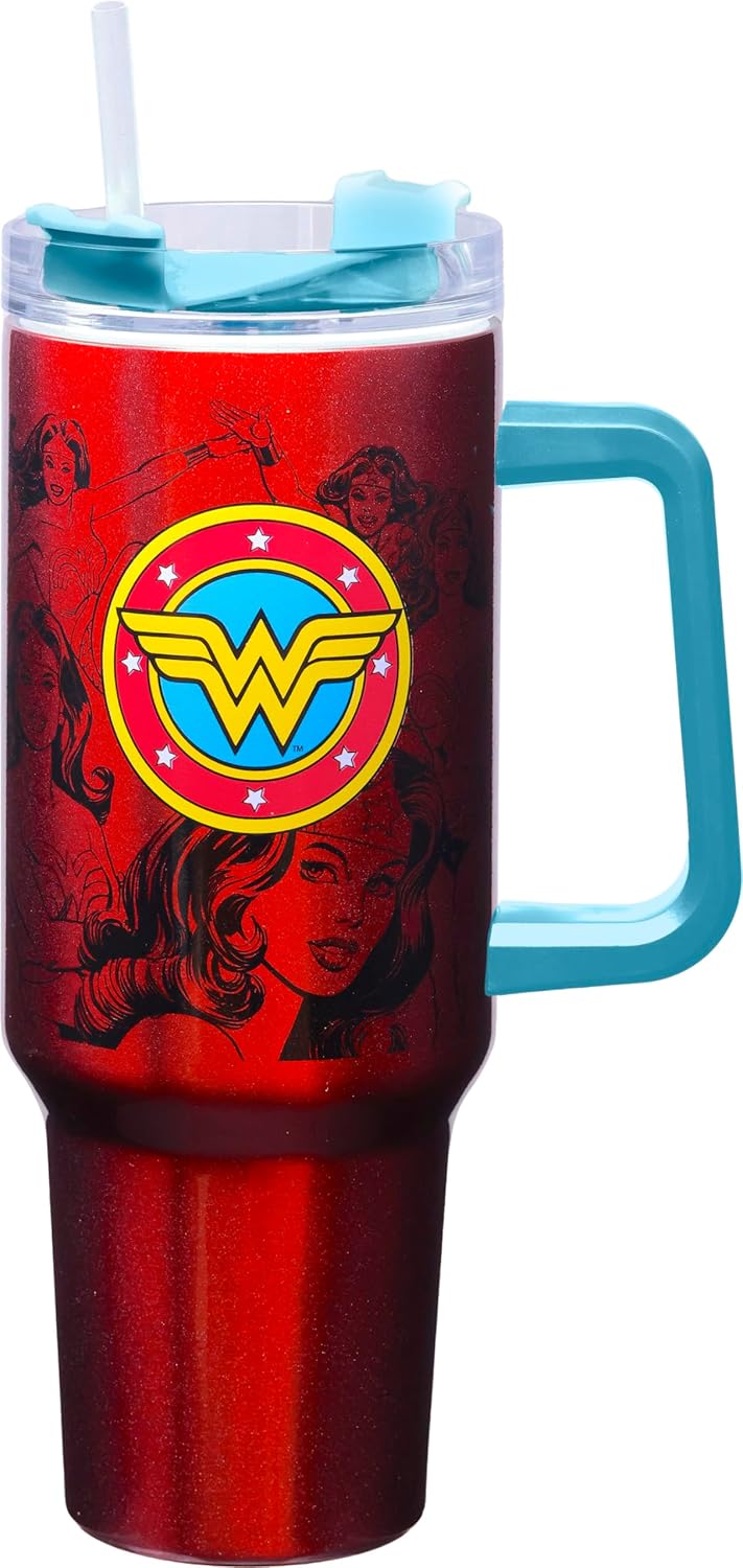 Wonder Woman Stainless Steel Double Wall Travel Tumbler with Straw and Handle, 40oz