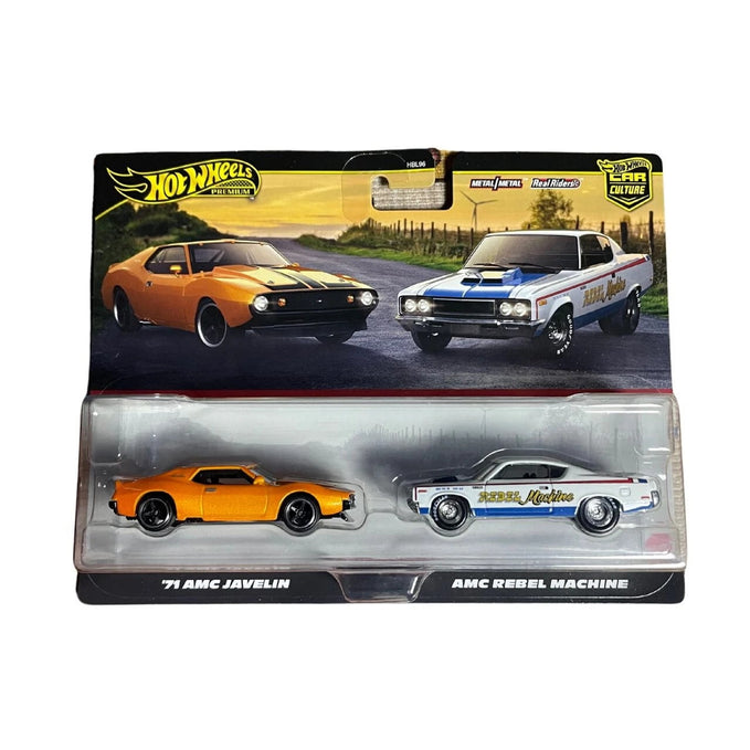 Hot Wheels Premium Car Culture 2 Pack 1:64 Scale, AMC Javelin and AMC Rebel Machine, Real Riders Tires Metal/Metal Chassis Collectors