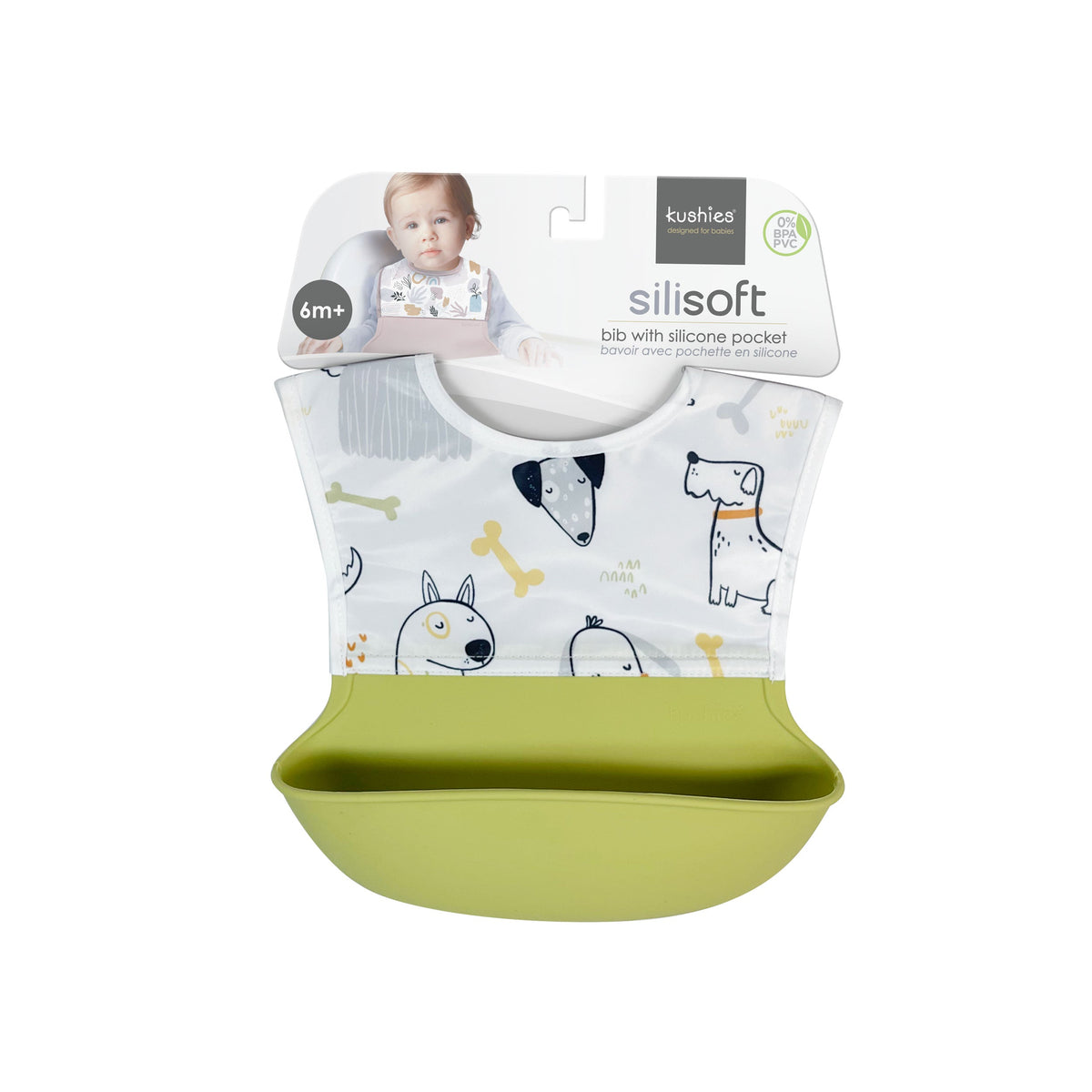Kushies Waterproof Bib with Soft Silicone catch all pocket, Green Dogs - view 3