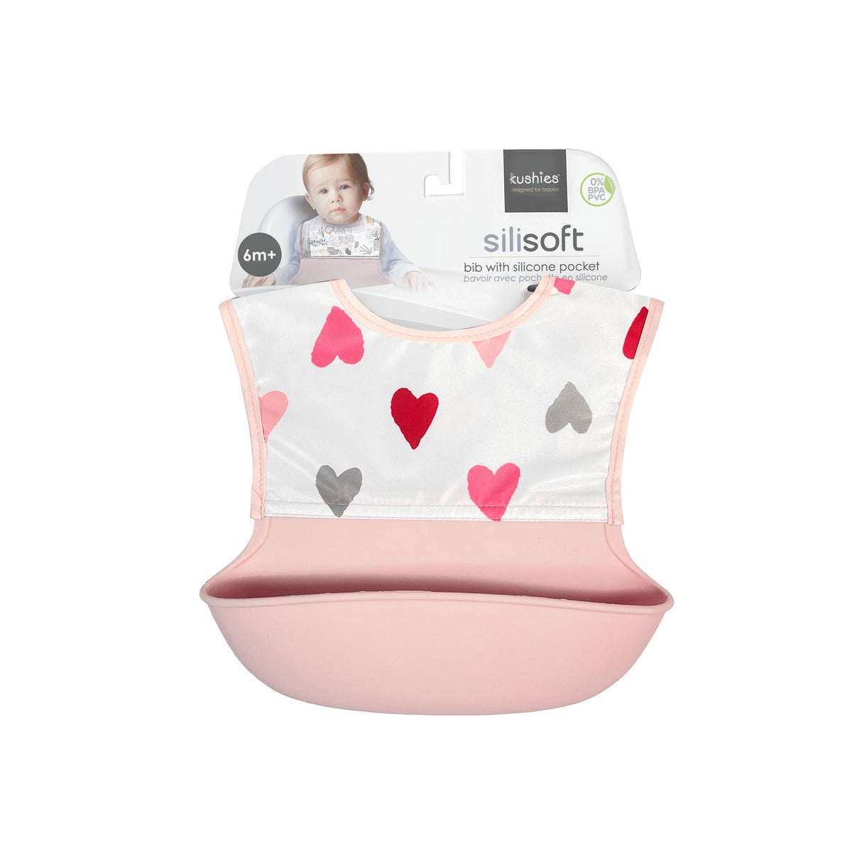 Kushies Waterproof Bib with Soft Silicone catch all pocket, Pink Hearts - view 3