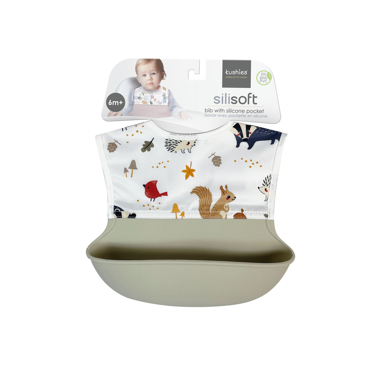 Kushies Waterproof Bib with Soft Silicone catch all pocket, Grey - view 3