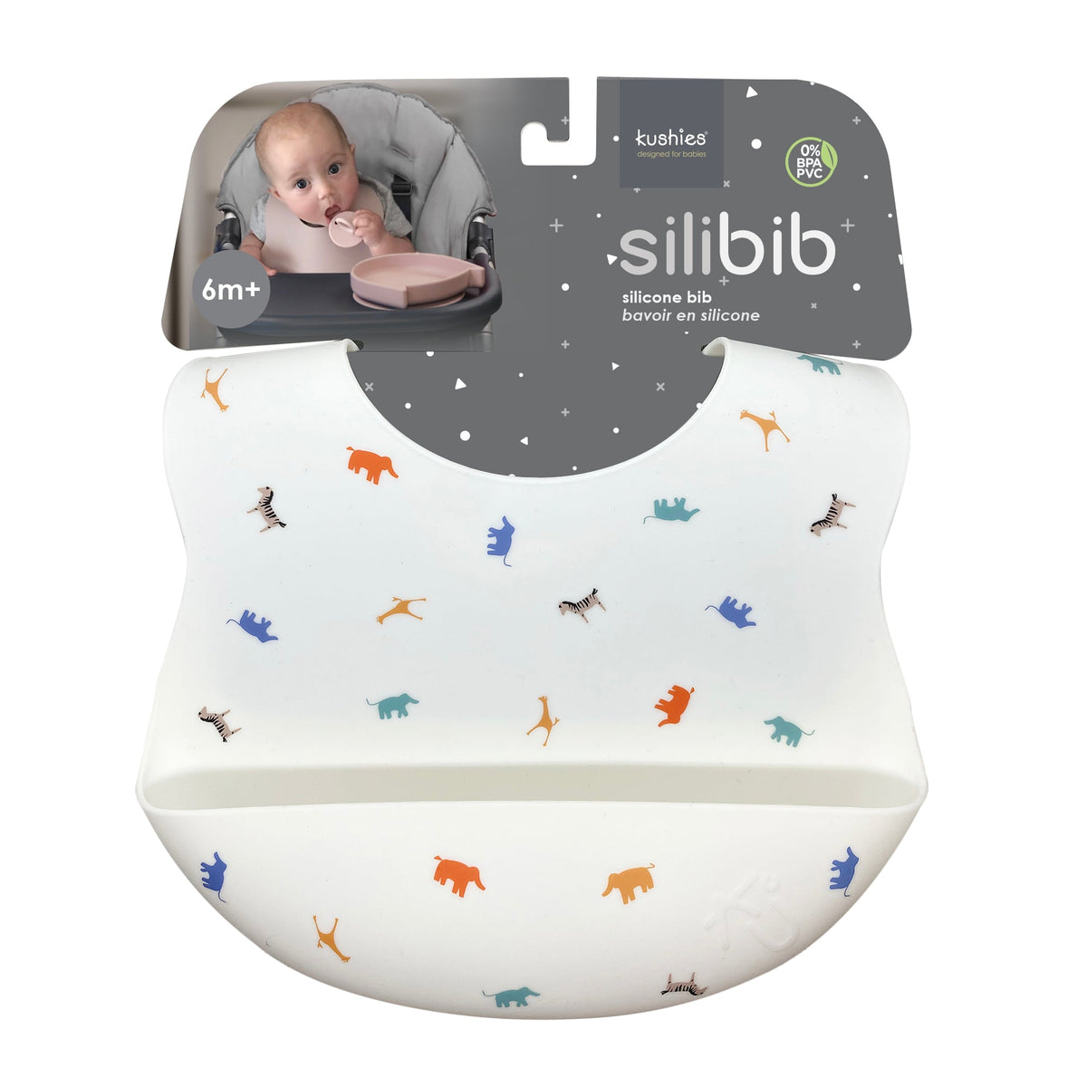 Kushies Soft Silicone Waterproof Bib with catch all pocket, White Safari - view 3