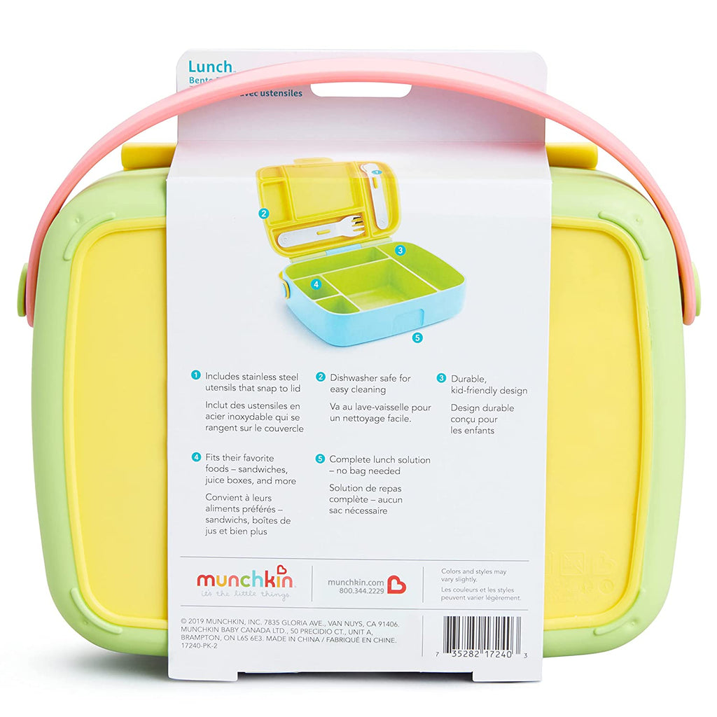 Munchkin Bento Box Toddler Lunch Box, BPA-Free, Green/Yellow/Pink
