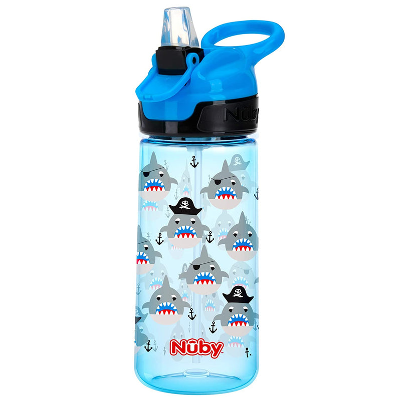 NUBY Push Button Flip-it Soft Spout Tritan Water Bottle, Blue Sharks, 18oz