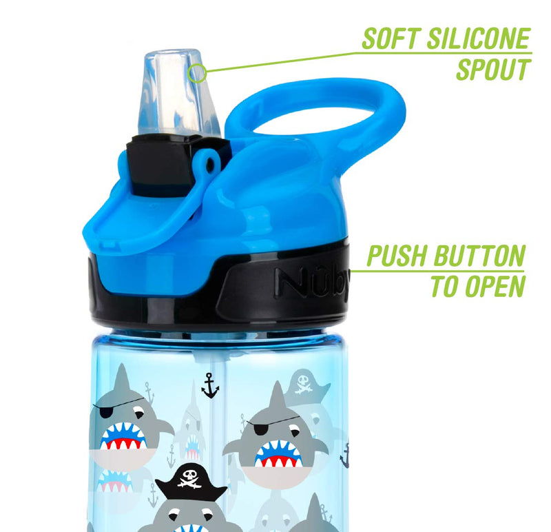 NUBY Push Button Flip-it Soft Spout Tritan Water Bottle, Blue Sharks, 18oz