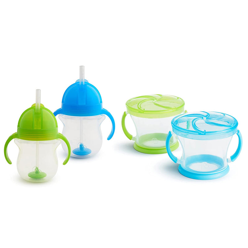 Happy Snacker Snack Catcher and Toddler Weighted Straw Sippy Cup Set, 4 Pack Blue/Green