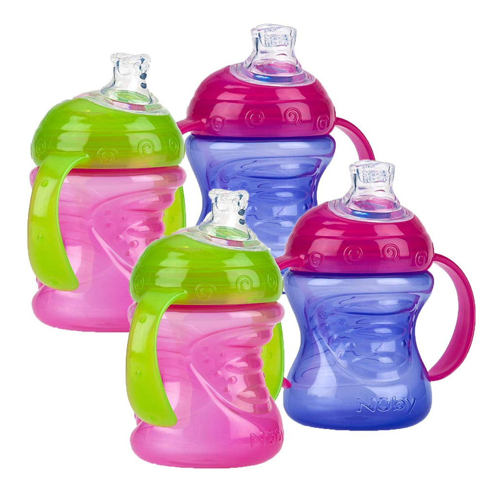 Nuby Two-Handle No-Spill Super Spout Grip N' Sip Cups, 8 Ounce (4 Count, Pink/Purple)