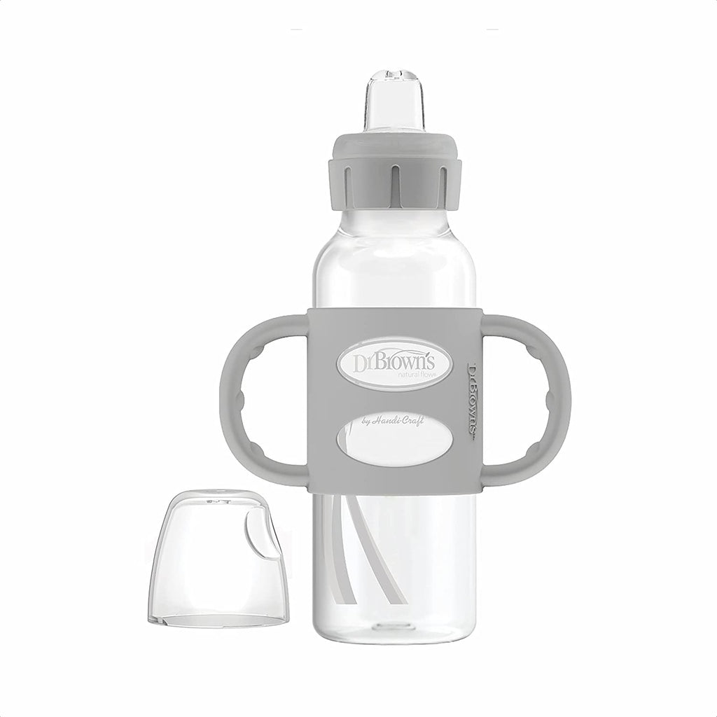 Dr. Brown’s Milestones Narrow Sippy Bottle with 100% Silicone Handles, Easy-Grip Bottle with Soft Sippy Spout, 8oz/250mL, BPA Free, Gray, 6m+