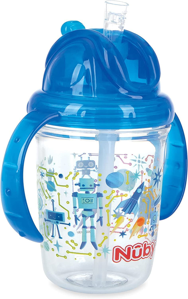 NUBY Tritan 2-Handle No-Spill Flip-it Fat Straw Printed Cup - 8oz/ 240 ml, 12+ Months, prints: space