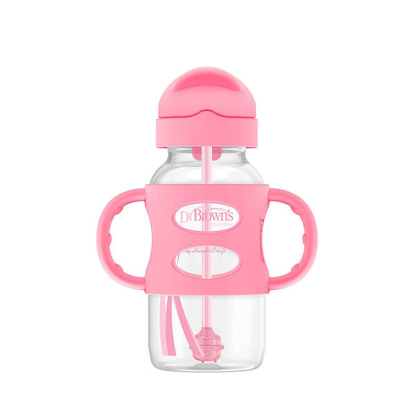 Dr. Brown’s Milestones Wide-Neck Sippy Straw Bottle with Silicone Handles, 9oz, Pink, 1 Pack, 6m+