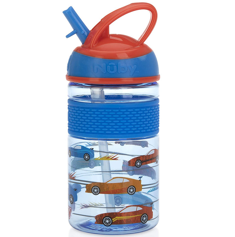 NUBY Thirsty Kids Flip-it Freestyle 12oz Water Bottle with Bite Resistant Hard Straw, Blue Cars