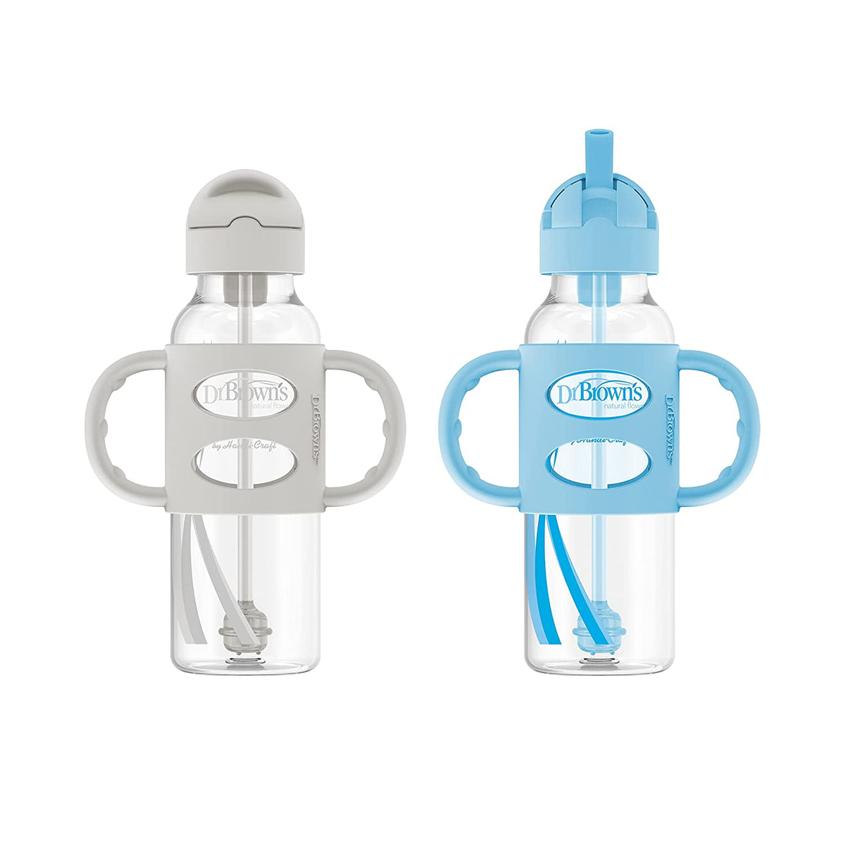 Dr. Brown's Milestones Narrow Sippy Straw Bottle with 100% Silicone Handles, 8oz/250mL, Gray & Blue, 2 Pack, 6m+