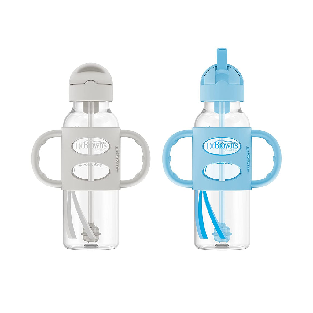Dr. Brown’s Milestones Narrow Sippy Straw Bottle with 100% Silicone Handles, 8oz/250mL, Gray & Blue, 2 Pack, 6m+