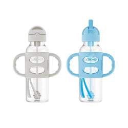 Dr. Brown’s Milestones Narrow Sippy Straw Bottle with 100% Silicone Handles, 8oz/250mL, Gray & Blue, 2 Pack, 6m+