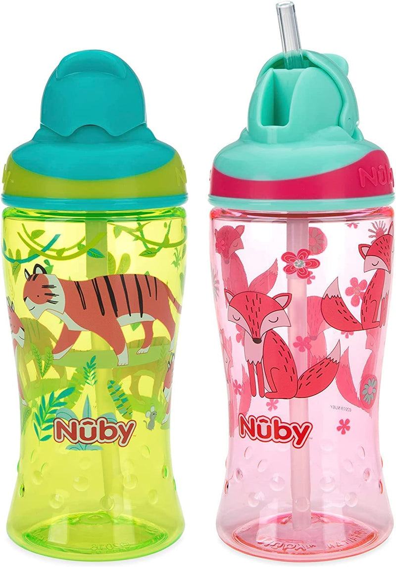 NUBY Thirsty Kids No-Spill Flip-it Printed Boost Cup with Thin Soft Straw - 12oz, 18+ Months, (fox / tigers)