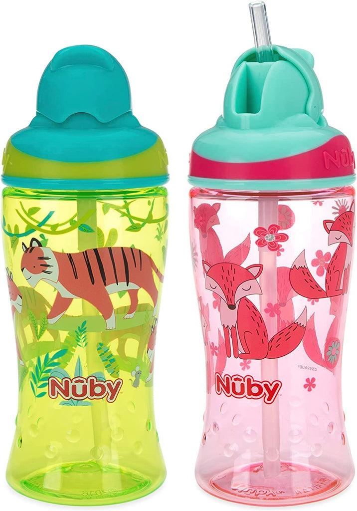 Nuby Thirsty Kids No-Spill Flip-it Printed Boost Cup with Thin Soft Straw - 12oz, 18+ Months, (fox / tigers)