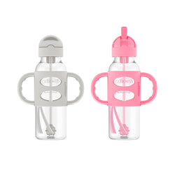 Dr. Brown’s Milestones Narrow Sippy Straw Bottle with 100% Silicone Handles, 8oz/250mL, Gray & Pink, 2 Pack, 6m+