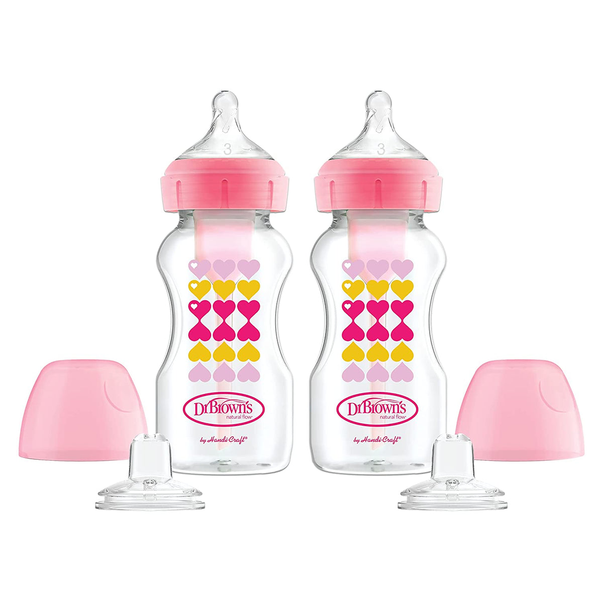 Dr. Brown’s Natural Flow Anti-Colic Options+ Wide-Neck Sippy Bottle Starter Kit, 9oz/270mL, 2pack, Pink
