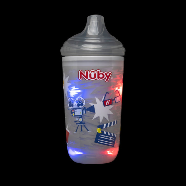 NUBY 2Pk 10oz No-Spill Insulated Light Up Easy Sip Cup, Neutral, Gray, Movie