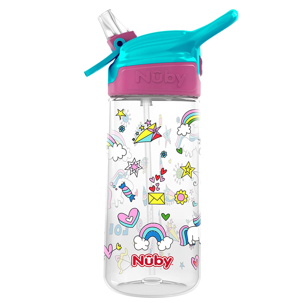 Nuby Push Button Flip-it Soft Spout Tritan Water Bottle, Pink Unicorns, 18 Oz