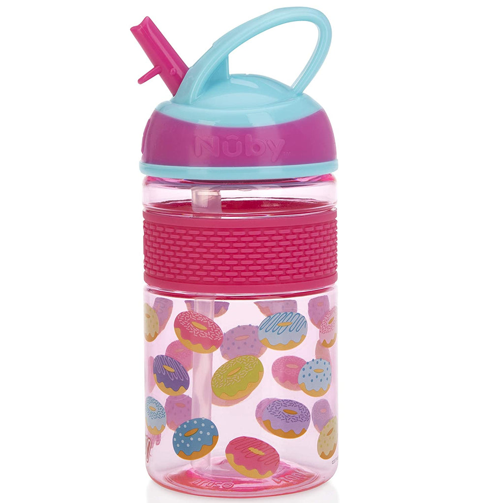 Nuby Thirsty Kids Flip-it On the Go Water Bottle with Bite Resistant Hard Straw Cup, Pink Donuts, 12 Ounce